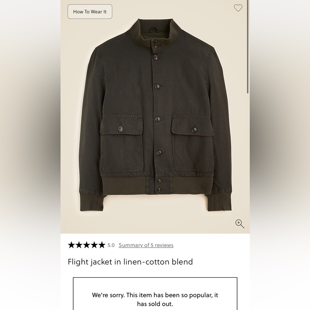NWT men’s J Crew Flight jacket in linen-cotton blend